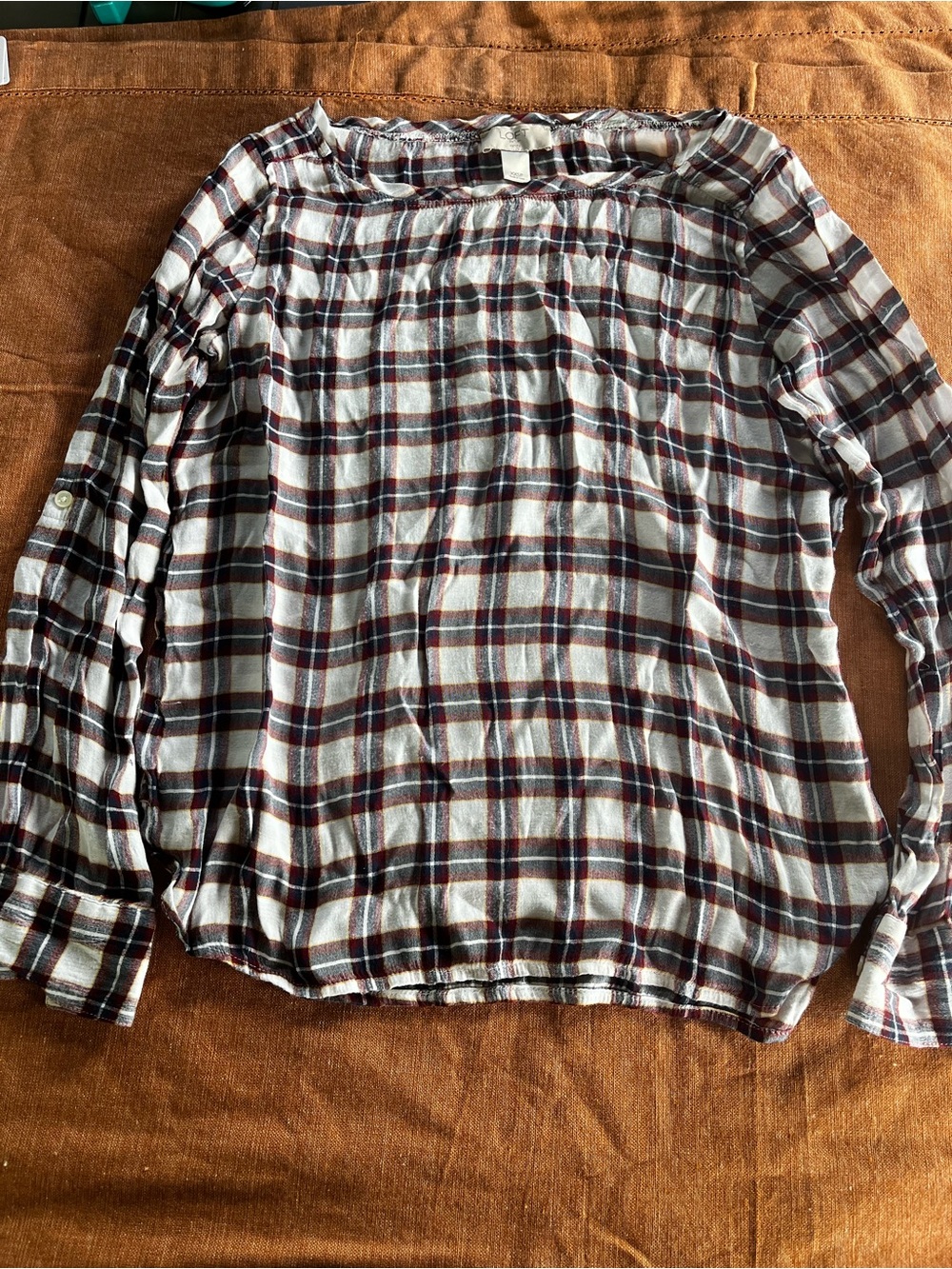 LOFT White Plaid  Shirt with Burgundy and Navy Checks